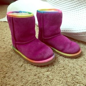 UGG boots. Colorful rainbow trim. Fuchsia suede.